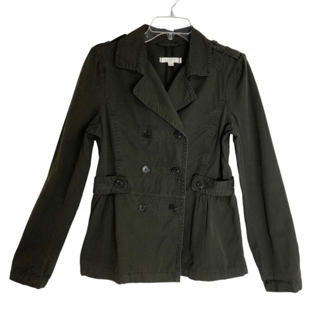 LOFT Cotton Army Green Double Breasted Peplum Lightweight‎ Military Jacket M